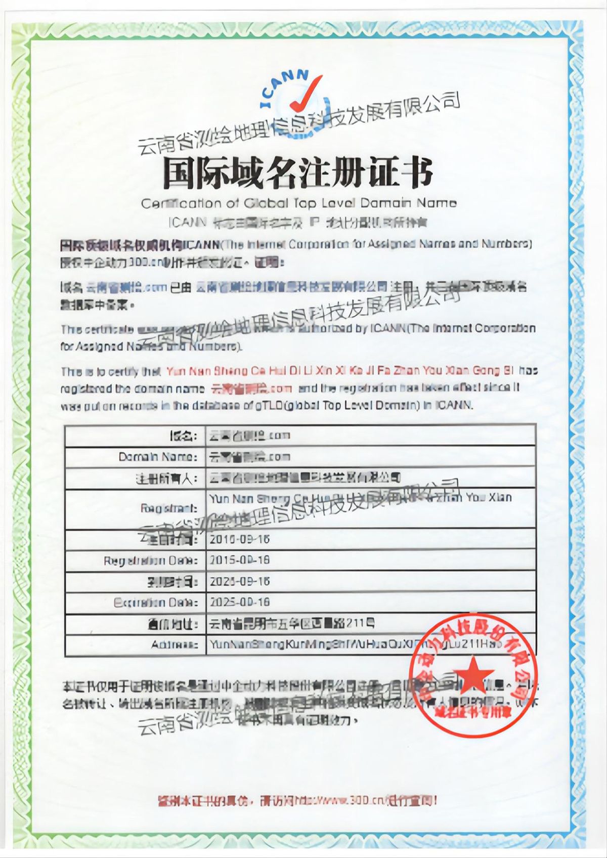 公司域名注册证书